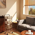 Bright Living Room Interior With Wooden Storage Shelf Sofa Side Table And Plant In Sunlight