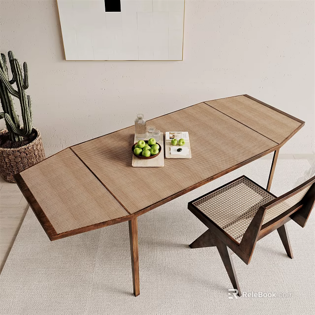 Wooden Desk With Woven Surface Chair Green Fruits Glass Bottle Magazine Cactus And Wall Art 3d model 
