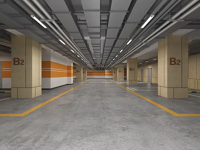Parking Garage B2 Level With Orange Striped Columns Yellow Parking Lines And Ceiling Light Strips 3d model