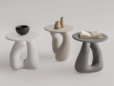 Unique Curved Round Tables in White Beige Gray with Decorative Bowl Vases And Open Book 3d model