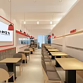 Modern Restaurant Interior With Marble Counter Red Pendant Lights Dining Tables And Chairs