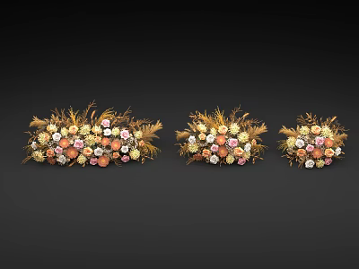 Three Decorative Vase Arrangements with Pink White Orange Flowers and Golden Foliage 3d model