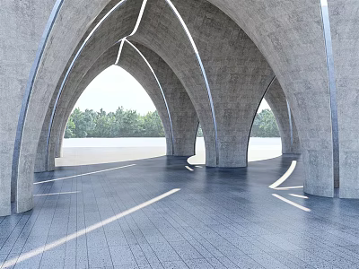 Modern Arched Concrete Pergola Structure With Natural Lighting And Stone Floor Near Trees 3d model