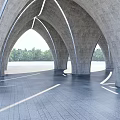 Modern Arched Concrete Pergola Structure With Natural Lighting And Stone Floor Near Trees