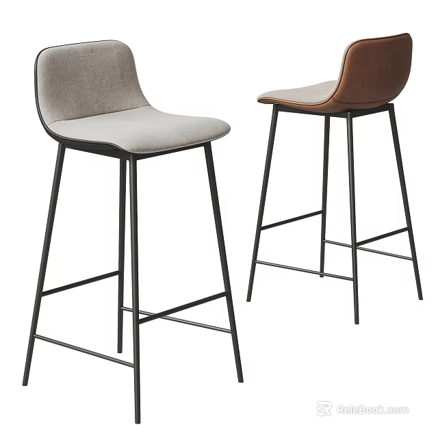 Modern Light Gray And Brown Bar Stools With Black Metal Frame Design 3d model 