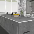 Modern Open Kitchen Interior With White Cabinets Marble Countertop Fresh Fruits And Green Plant