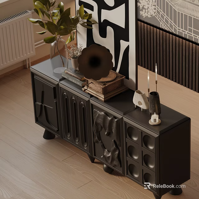 Modern Black Console Table Sideboard With Decorative Items Green Plant And Vinyl Records 3d model 