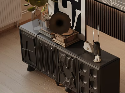 Modern Black Console Table Sideboard With Decorative Items Green Plant And Vinyl Records 3d model