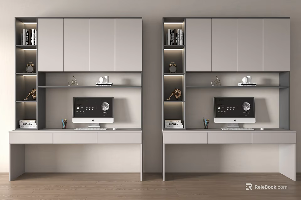 Modern Home Office Desk With Bookshelf Storage Cabinets And Computer Monitor 3d model 