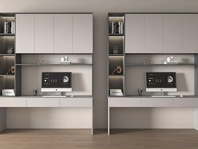 Modern Home Office Desk With Bookshelf Storage Cabinets And Computer Monitor 3d model
