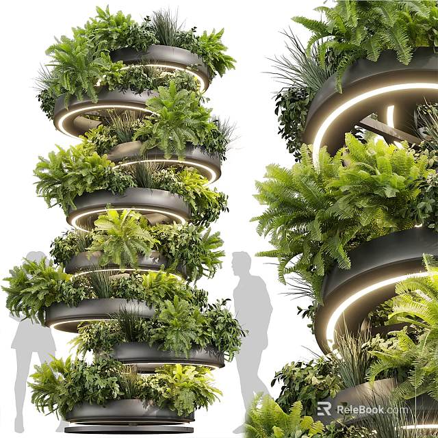 Elegant Modern Spiral Column Decorated With Lush Green Plants And Circular Lighting 3d model 
