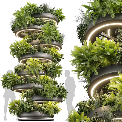 Elegant Modern Spiral Column Decorated With Lush Green Plants And Circular Lighting 3d model