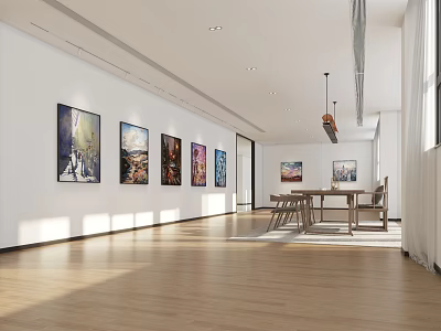School Art Classroom With Wall Paintings Tables Chairs And Bright Wooden Floors 3d model