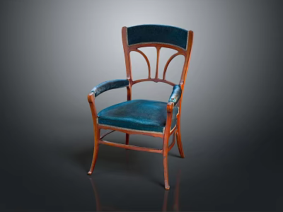 Elegant Wooden Frame Armchair With Blue Velvet Upholstered Seat And Curved Backrest 3d model