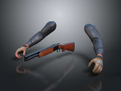 Tactical Shotgun With Black Arm Guards And Brown Gloves In Hands 3d model