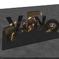 Golden Illuminated 3D Letters RIFIO with Geometric Lines on Black Background and Gray Floor