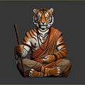 Tiger Figure Sculpture In Sitting Posture With Orange Robe And Staff And Neck Beads Decoration
