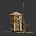 Traditional Ticket Booth With Decorative Roof Wooden Fence Stone Pavement And Tall Pole
