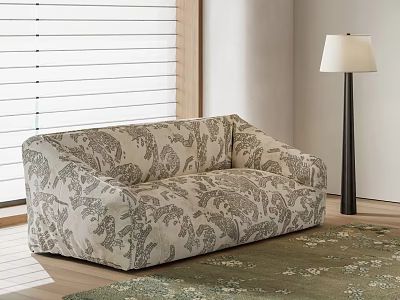 Floral Patterned Sectional Sofa In Neutral Tones With Wooden Blinds Floor Lamp And Green Rug 3d model