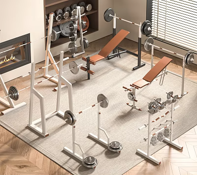 Complete Home Fitness Sports Equipment Set With Barbell Racks Dumbbells And Weight Benches 3d model