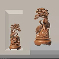 Artistic Wooden Sculpture Featuring Cranes And Pine Trees With Display Frame And Stand