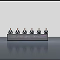 Six Men Standing Behind Large Transparent Display Screen With Blue Sky Background And Reflective Surface 3d model