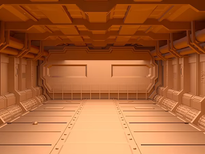 Cartoon Sci Fi Spaceship Interior With Orange Hues Seats And Control Panels 3d model