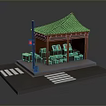 Traditional Wooden Street Kiosk With Black Tiled Roof Street Lamp Traffic Light And Zebra Crossing