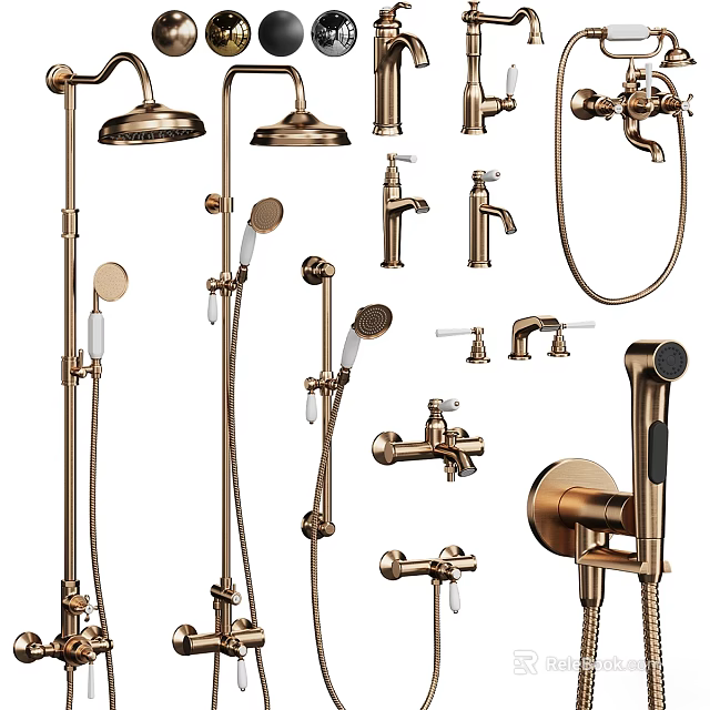 Shower Faucet Components With Rainfall Head Handheld Sprayer And Taps Brass Finish Modern Bathroom Fixtures 3d model 