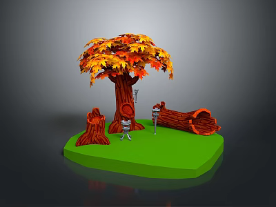 Autumn Themed Tree With Orange Yellow Leaves And Tree Stump On Green Grassy Base 3d model