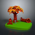 Autumn Themed Tree With Orange Yellow Leaves And Tree Stump On Green Grassy Base