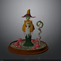 3D Wizard Character With Orange Hat Green Gem Staff And Red Mushrooms On Red Base