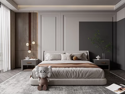 Modern Bedroom Interior With Bed Nightstands Stuffed Toy And Pendant Lights 3d model