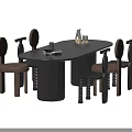 Modern Dining Table Set with Oval Fluted Dark Base and Round Backrest Wooden Chairs