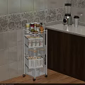 Multi Tiered White Kitchen Shelf With Spices Wall Tiles And Wooden Cabinets