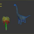 Dinosaur Model Standing Next To Palm Tree Model On Grey Background 3d model