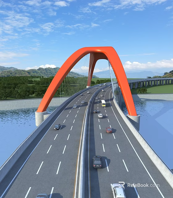 Orange Arch Bridge Multi Lane Vehicles Driving Over River With Distant Mountains 3d model