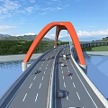 Orange Arch Bridge Multi Lane Vehicles Driving Over River With Distant Mountains 3d model