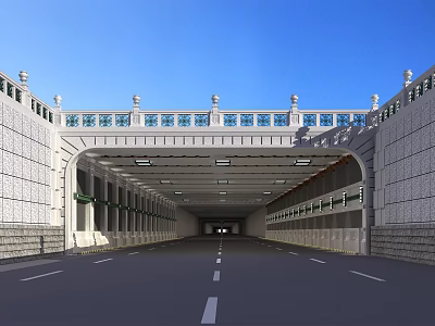 Urban Bridge With White Railings Decorative Pillars Ceiling Lights Over Roadway Blue Sky Background 3d model