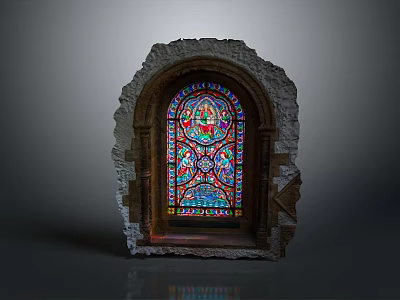 Gothic Style Stained Glass Window In Weathered Stone Arch Frame With Colorful Patterns 3d model