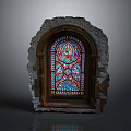 Gothic Style Stained Glass Window In Weathered Stone Arch Frame With Colorful Patterns