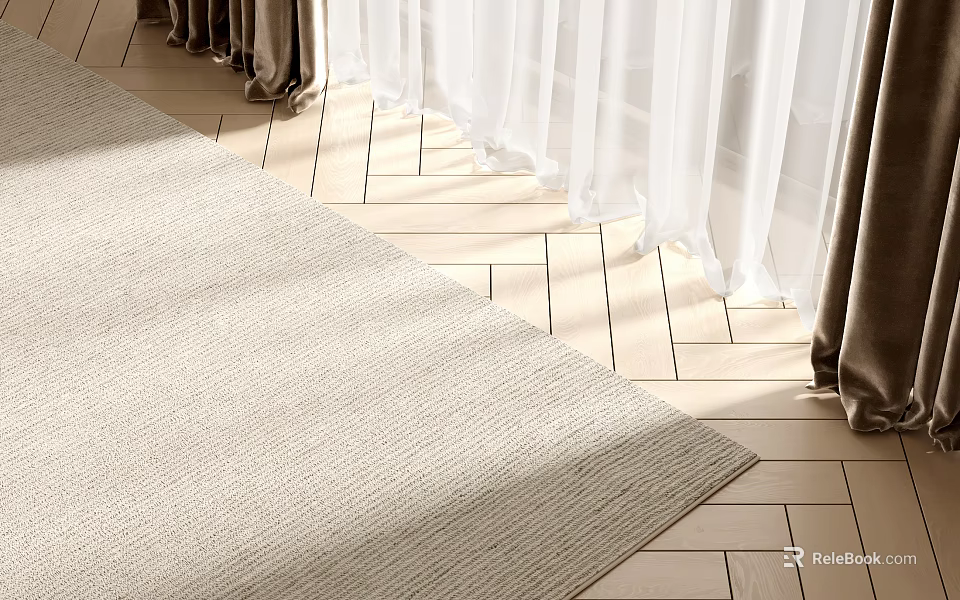 Light Beige Square Area Rug on Wooden Floor with Curtains 3d model 