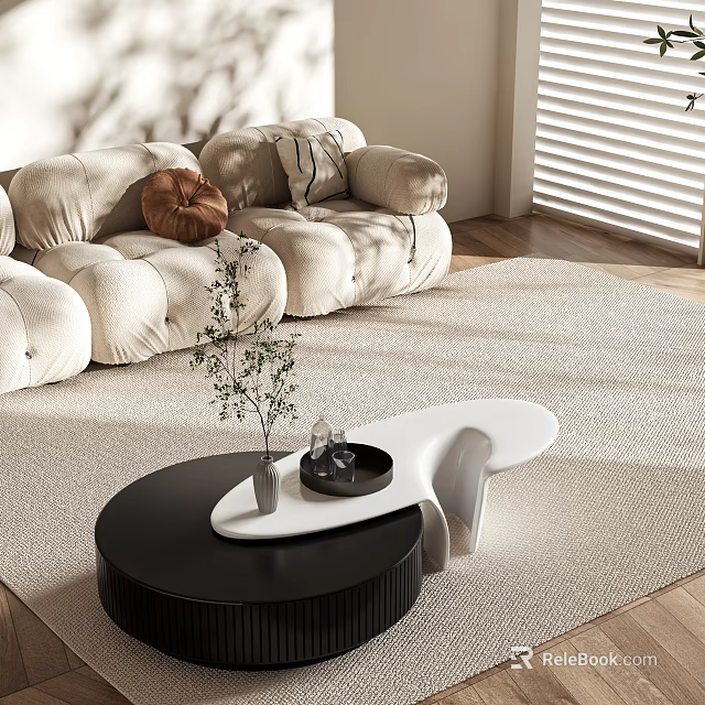 Modern Black and White Coffee Table in Living Room with Small Plant and Decorative Tray 3d model 
