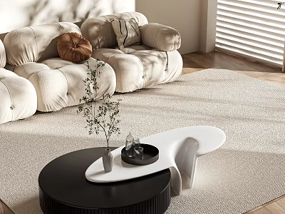 Modern Black and White Coffee Table in Living Room with Small Plant and Decorative Tray 3d model