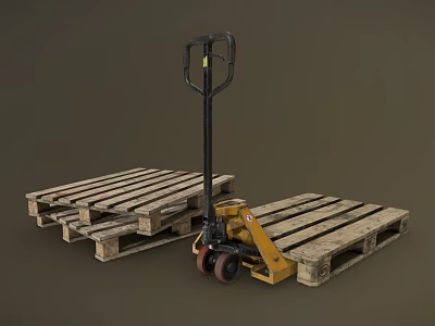 Industrial Manual Pallet Jack With Stacked Wooden Pallets And Handle Wheels 3d model