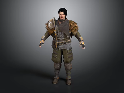Man In Fantasy Warrior Armor With Fur Trimmed Shoulders And Leather Belt 3d model