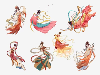 Vibrant Traditional Chinese Female Figure Paintings With Flowing Robes And Elegant Poses 3d model