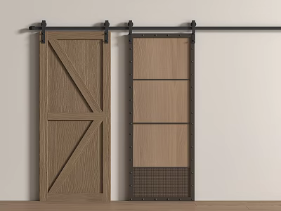 Rustic Wooden Barn Doors With Cross Panel And Horizontal Slats On Black Metal Sliding Track 3d model