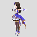 Woman With Long Brown Hair And Purple Flower Accessory Wearing Blue White Dress Long Gloves