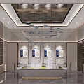 Modern Sales Office Interior Design With Chandelier Central Display Table And Marble Flooring
